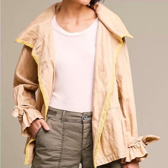 Anthro Hei Hei Khaki Tiered Swing Neon Yellow Mesh Accented Tie Cuff Trench Coat - Picture 4 of 16